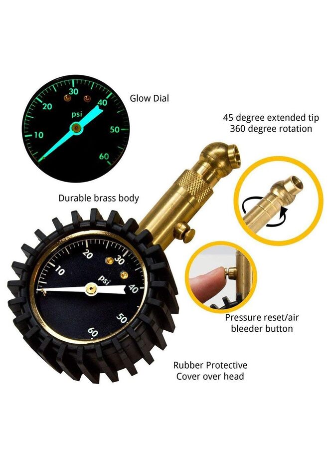 Tire Pressure Gauge 60 PSI - 2 Easy Read Glow Dial, Solid Brass Material - Image 1